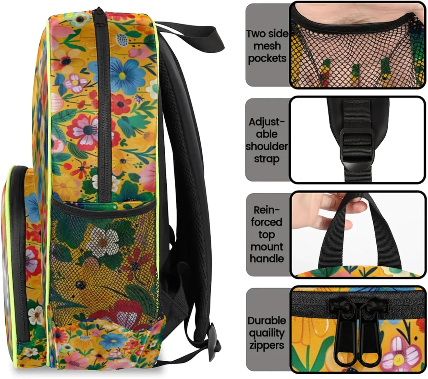 Vintage Flower Custom Backpack with Name Cute Personalized Small Shoulder Bag Waterproof Travel Casual Backpack with Chest Strap 14.2in