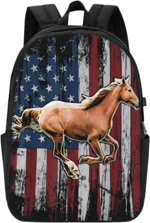 Vintage Horse American Flag Backpack 17 Inch Laptop Backpacks Outdoor Travel Rucksack Work Business Daypack with USB Port Carry On Bag for Cycling Hiking