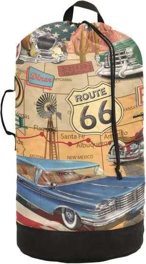 Vintage Route 66 Poster Blue, Yellow, Green Cars Motorcycle USA Flag Backpack Laundry Bag, Laundry Backpack with Shoulder Straps, Waterproof Nylon Clothes Hamper Bag for Men Women Yoga Backpack