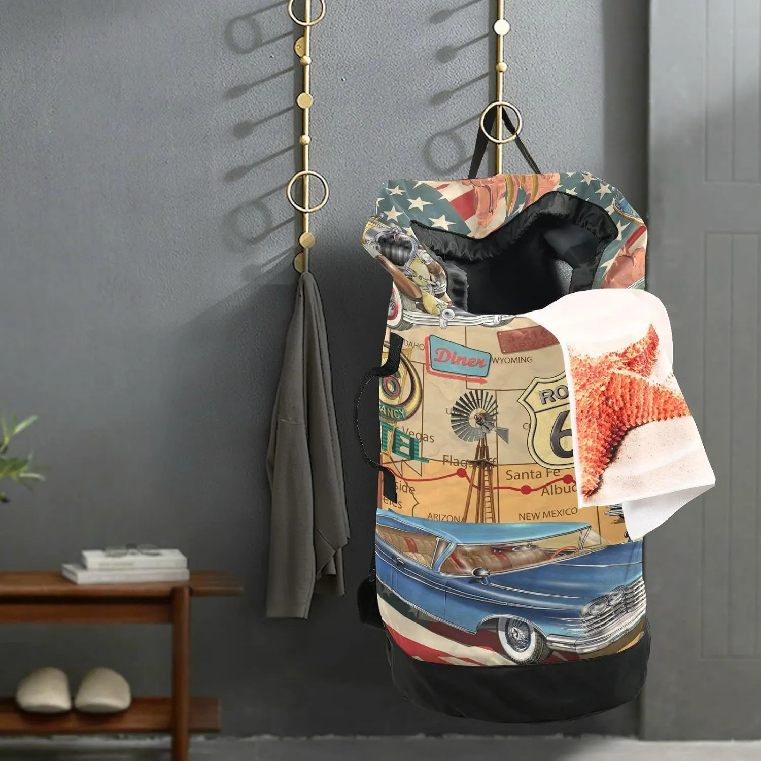 Vintage Route 66 Poster Blue, Yellow, Green Cars Motorcycle USA Flag Backpack Laundry Bag, Laundry Backpack with Shoulder Straps, Waterproof Nylon Clothes Hamper Bag for Men Women Yoga Backpack