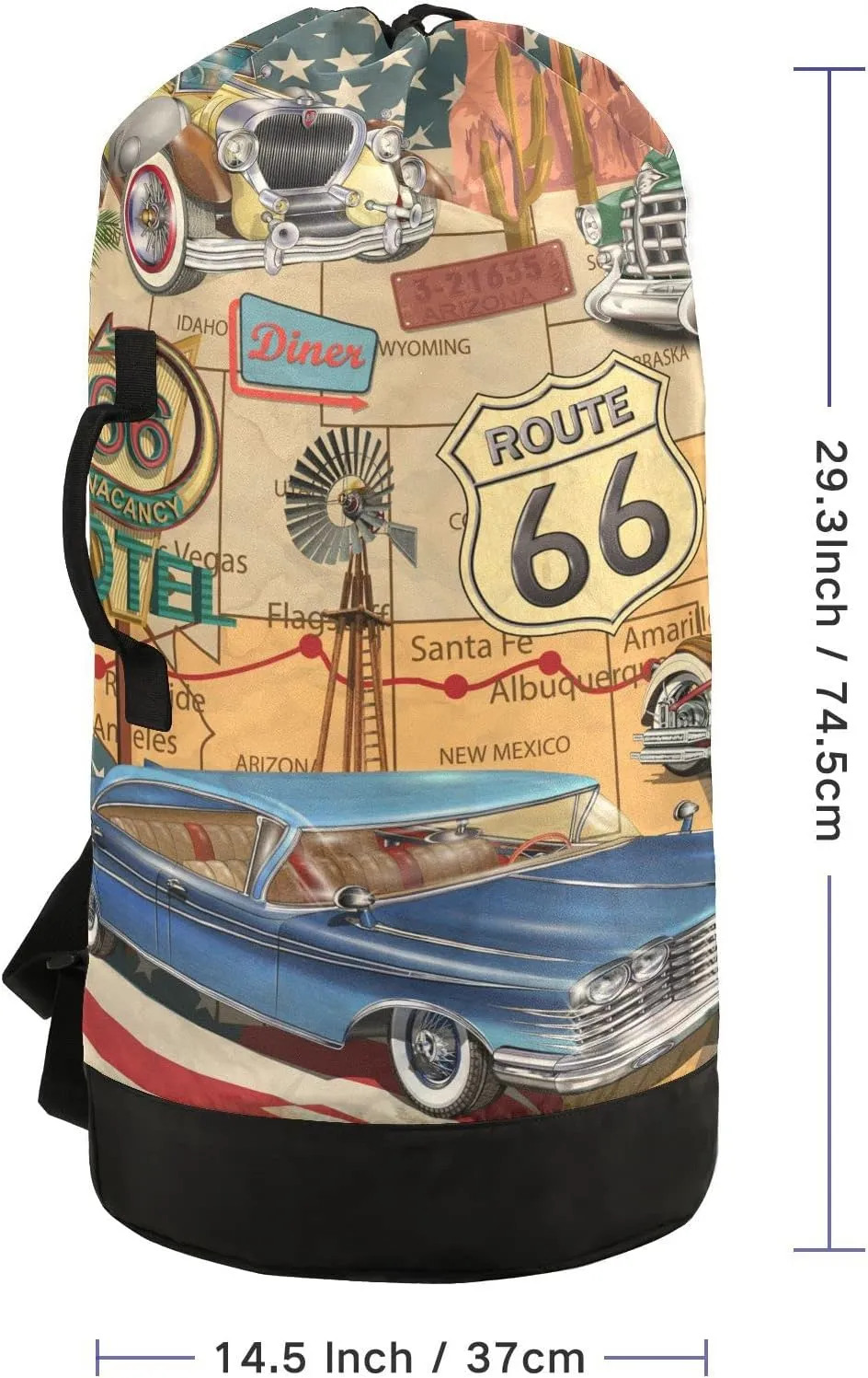 Vintage Route 66 Poster Blue, Yellow, Green Cars Motorcycle USA Flag Backpack Laundry Bag, Laundry Backpack with Shoulder Straps, Waterproof Nylon Clothes Hamper Bag for Men Women Yoga Backpack