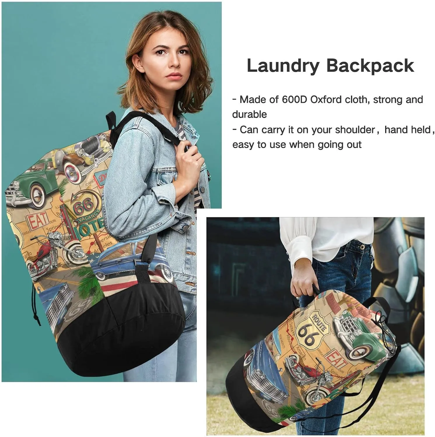 Vintage Route 66 Poster Blue, Yellow, Green Cars Motorcycle USA Flag Backpack Laundry Bag, Laundry Backpack with Shoulder Straps, Waterproof Nylon Clothes Hamper Bag for Men Women Yoga Backpack