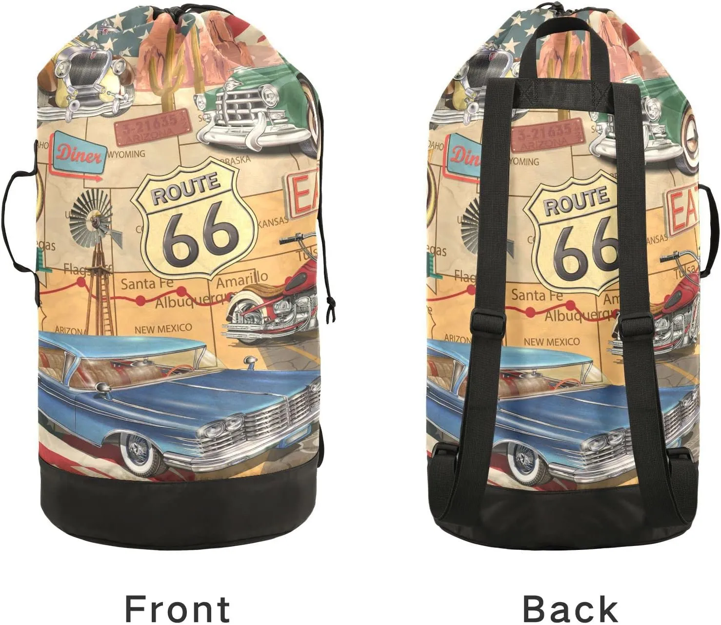 Vintage Route 66 Poster Blue, Yellow, Green Cars Motorcycle USA Flag Backpack Laundry Bag, Laundry Backpack with Shoulder Straps, Waterproof Nylon Clothes Hamper Bag for Men Women Yoga Backpack