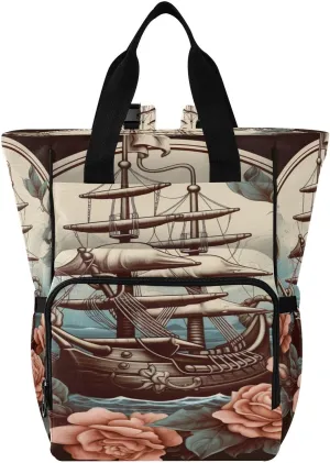 Vintage Ship Voyage Rose Diaper Bag Backpack Large Baby Diaper Bag Tote with Stroller Straps Tote with Insulated Pockets for Newborn Baby Stuff Travel Essentials