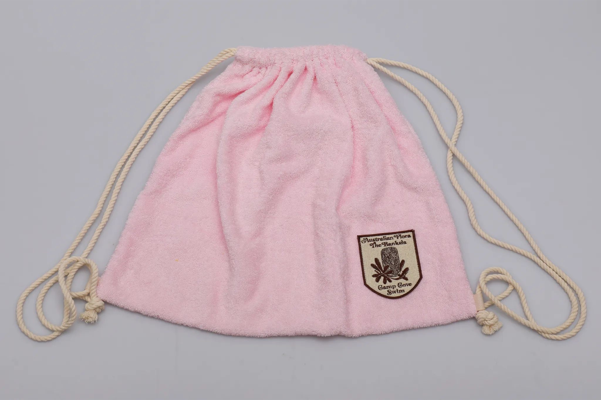 Vintage Towel Drawstring Back Pack - Pink Banksia