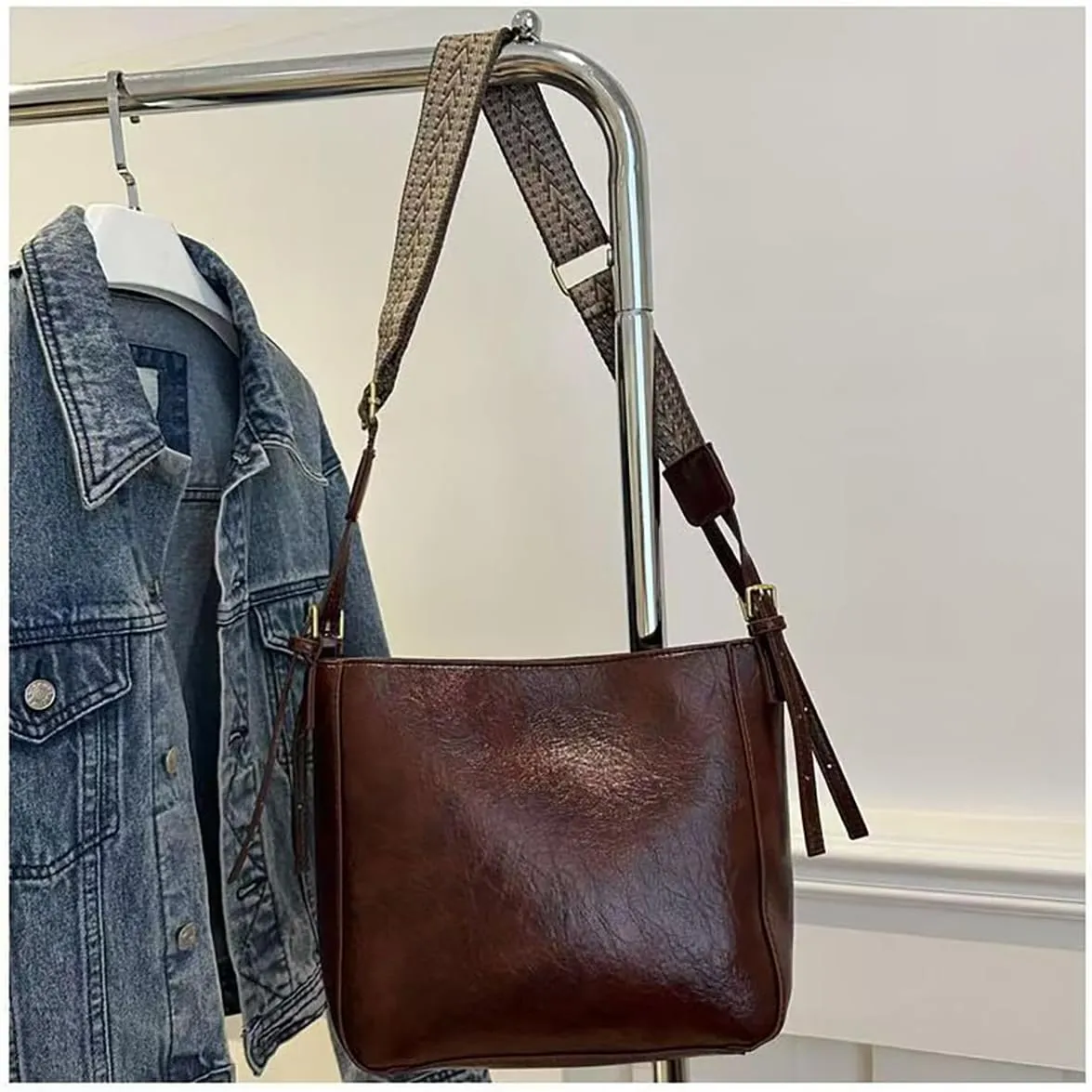 Vintage women's large capacity crossbody bag, fashionable 2-piece handbag wallet, adjustable guitar strap (Coffee)
