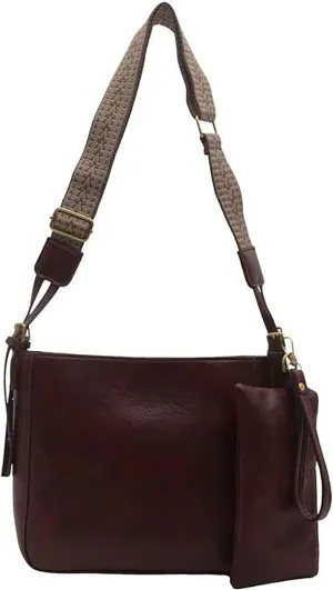 Vintage women's large capacity crossbody bag, fashionable 2-piece handbag wallet, adjustable guitar strap (Coffee)
