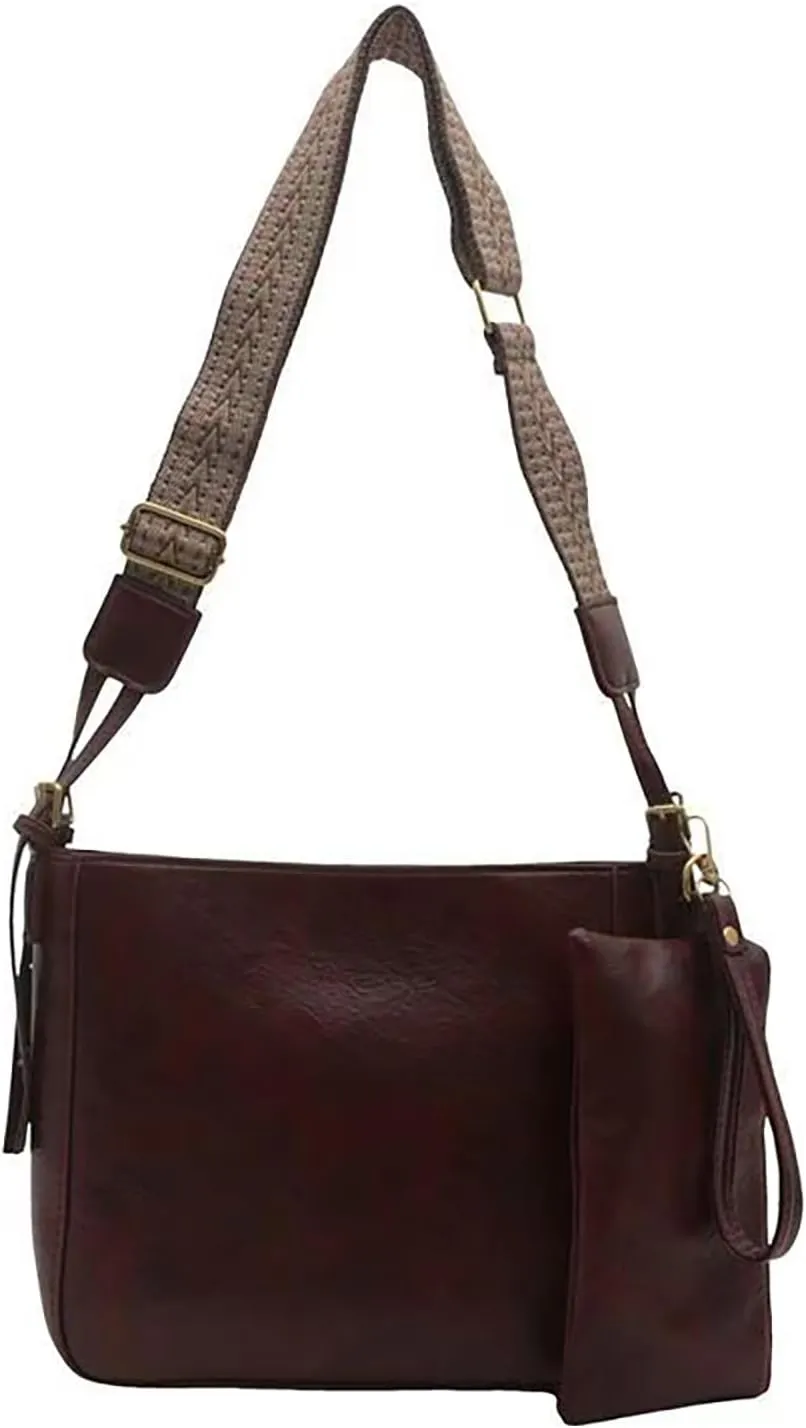 Vintage women's large capacity crossbody bag, fashionable 2-piece handbag wallet, adjustable guitar strap (Coffee)