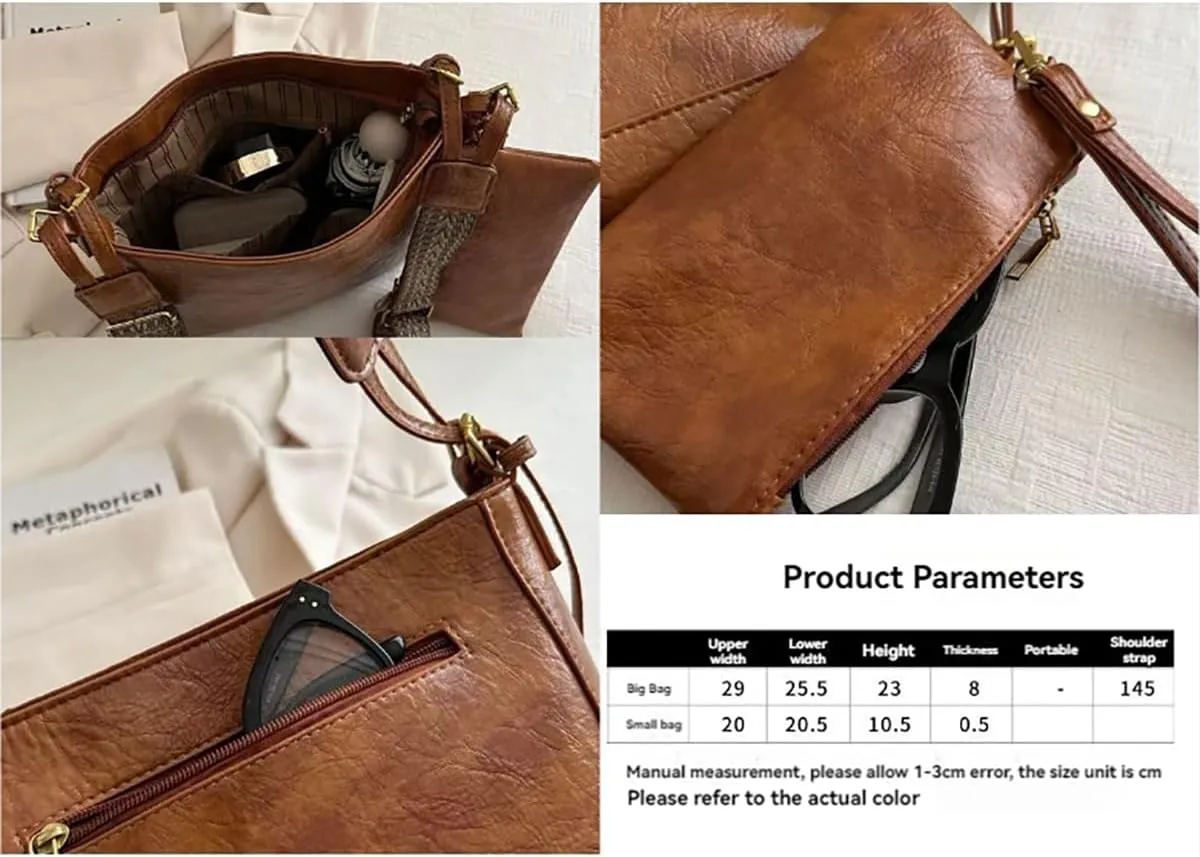 Vintage women's large capacity crossbody bag, fashionable 2-piece handbag wallet, adjustable guitar strap (Light brown)