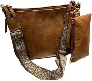 Vintage women's large capacity crossbody bag, fashionable 2-piece handbag wallet, adjustable guitar strap (Light brown)