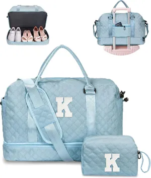 Voguewood Girl Duffle Bag for Tweens with Shoe Compartment, Monogrammed Overnight Travel Bag for Women, Including Wet Pocket & Trolley Sleeve (Letter K)