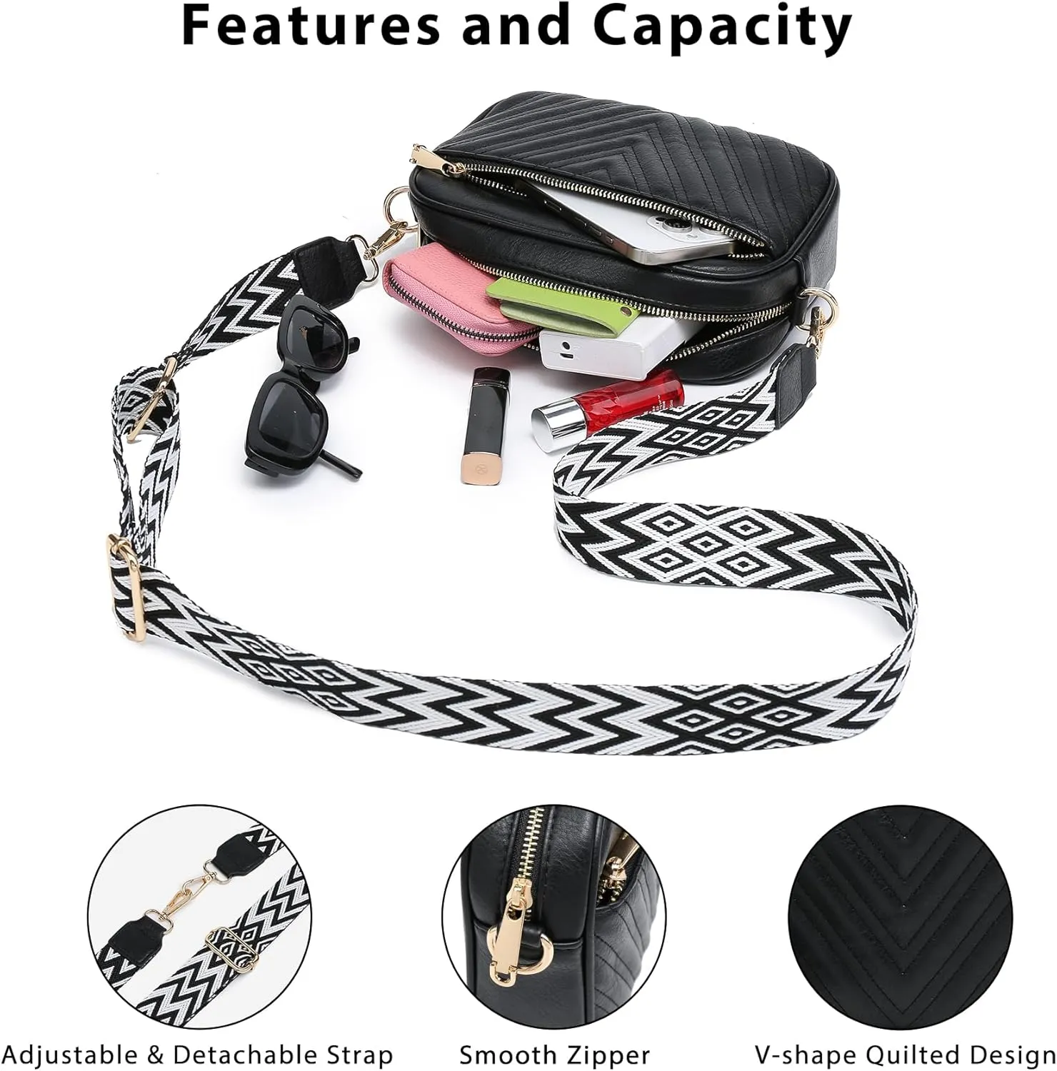 VONMAY Crossbody Purse for Women Quilted Crossbody Bags Vegan Leather Purses Small Shoulder Handbags with Wide Strap