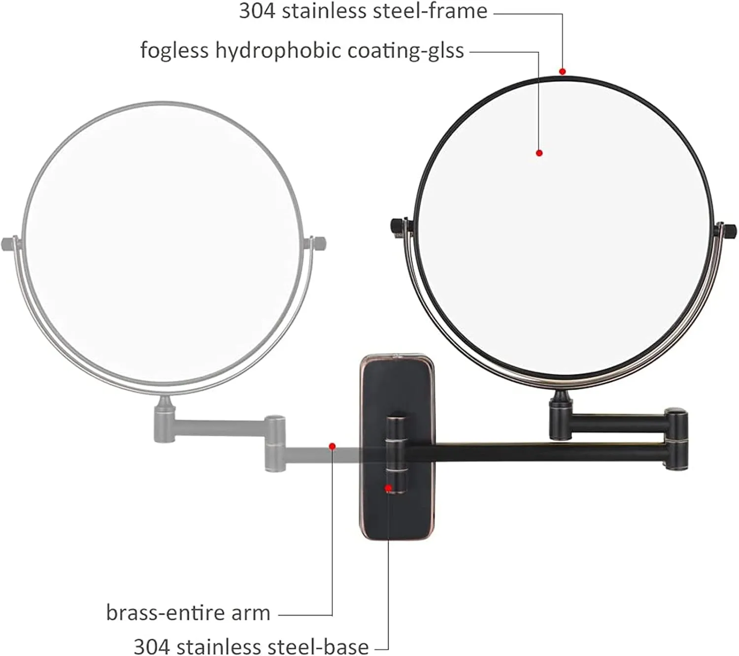 Wall Mounted Makeup Mirror, 8 inch Black Finish Double Sided Magnifying Shaving Mirror, Extendable Bathroom Round Cosmetic Vanity Mirrors,3X (Color : 10x)
