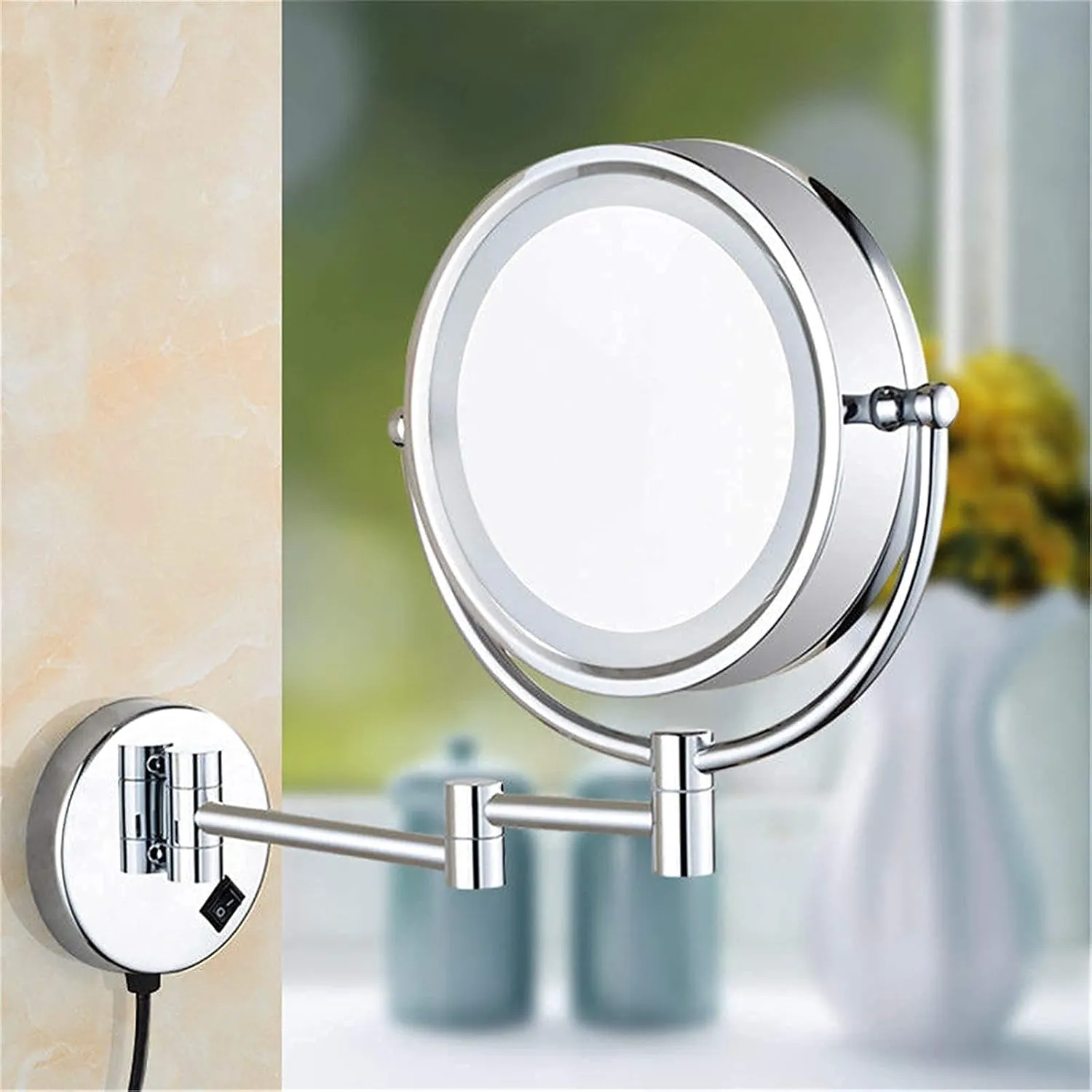 Wall-Mounted Makeup Mirror, 8 inch Magnifying Double Sided LED Lighted Mirror, Bathroom Extendable 360° Swivel Shaving Cosmetic Vanity Mirror with Plug Switch(Chrome,7X)