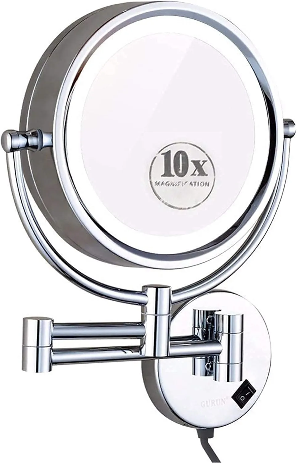 Wall-Mounted Makeup Mirror, 8 inch Magnifying Double Sided LED Lighted Mirror, Bathroom Extendable 360° Swivel Shaving Cosmetic Vanity Mirror with Plug Switch(Chrome,7X)