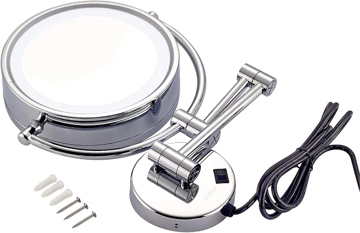 Wall-Mounted Makeup Mirror, 8 inch Magnifying Double Sided LED Lighted Mirror, Bathroom Extendable 360° Swivel Shaving Cosmetic Vanity Mirror with Plug Switch(Chrome,7X)