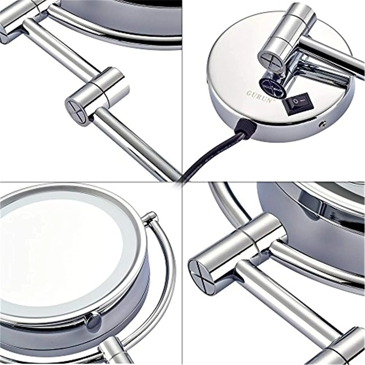 Wall-Mounted Makeup Mirror, 8 inch Magnifying Double Sided LED Lighted Mirror, Bathroom Extendable 360° Swivel Shaving Cosmetic Vanity Mirror with Plug Switch(Chrome,7X)
