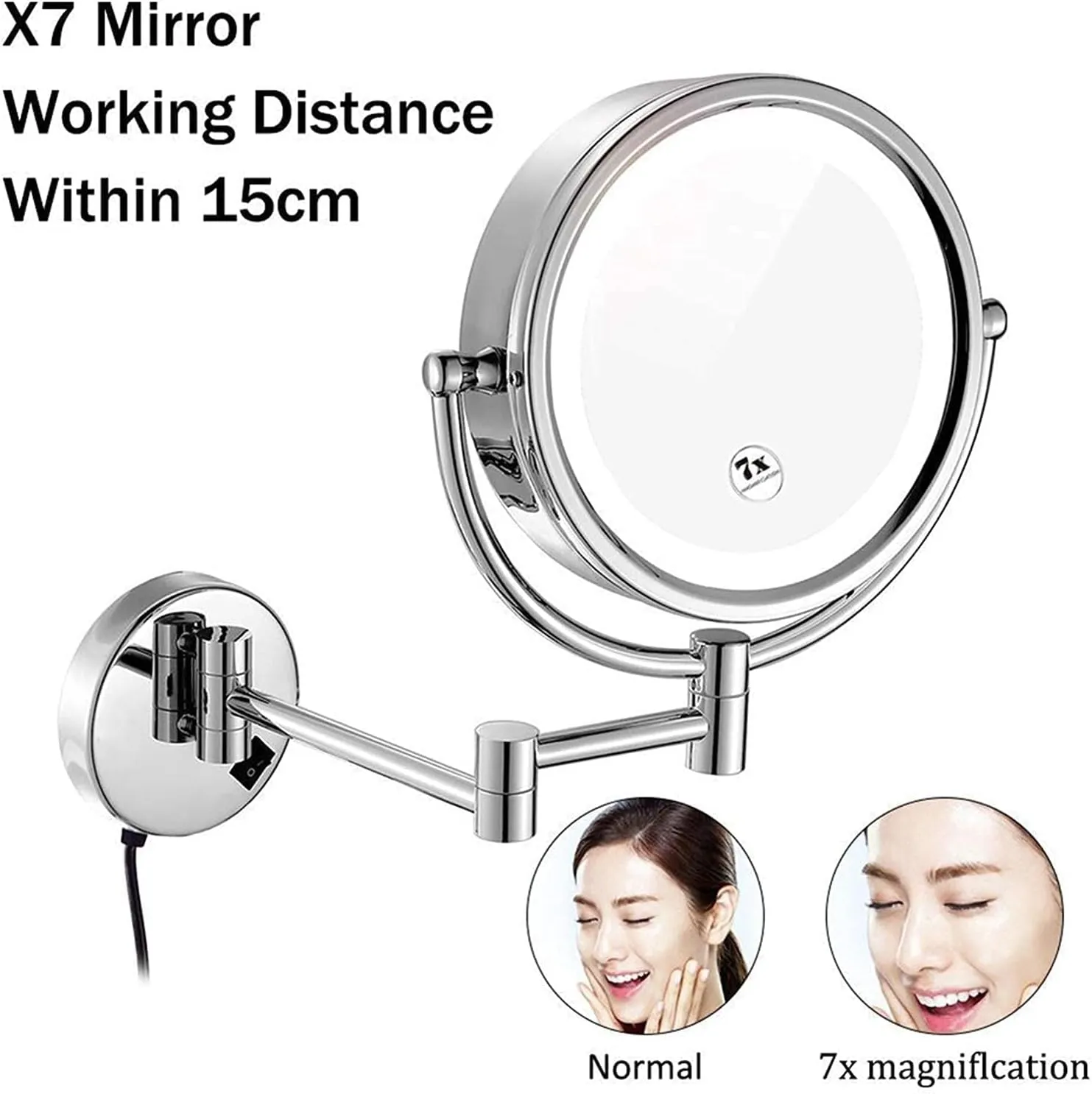 Wall-Mounted Makeup Mirror, 8 inch Magnifying Double Sided LED Lighted Mirror, Bathroom Extendable 360° Swivel Shaving Cosmetic Vanity Mirror with Plug Switch(Chrome,7X)