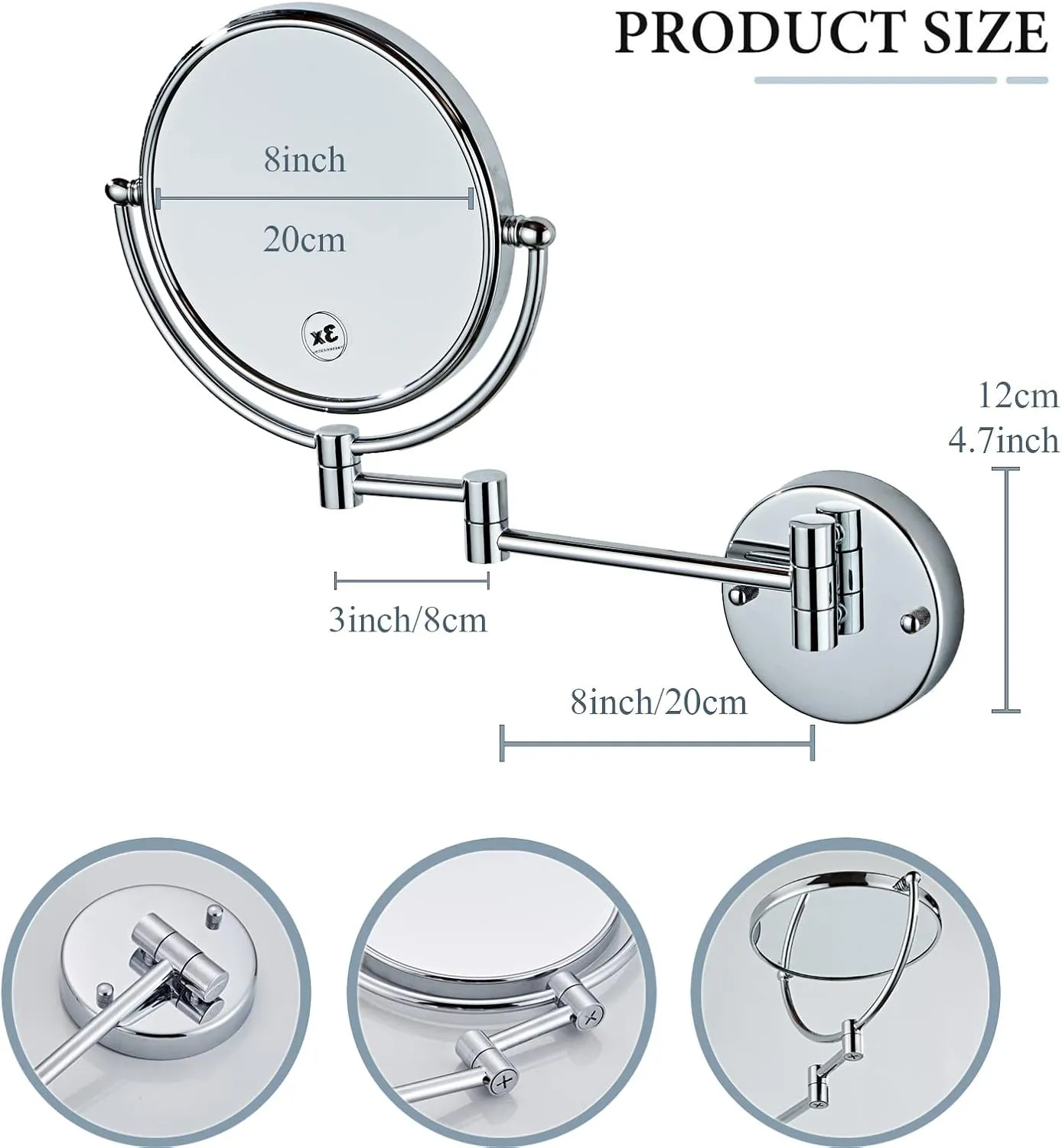 Wall Mounted Makeup Mirror, Wall Mounted Makeup Mirror with Magnification, 8 Inch 360°Rotatable Double Sided Vanity Magnifying Mirror for Bathroom (Bronzed 3X)