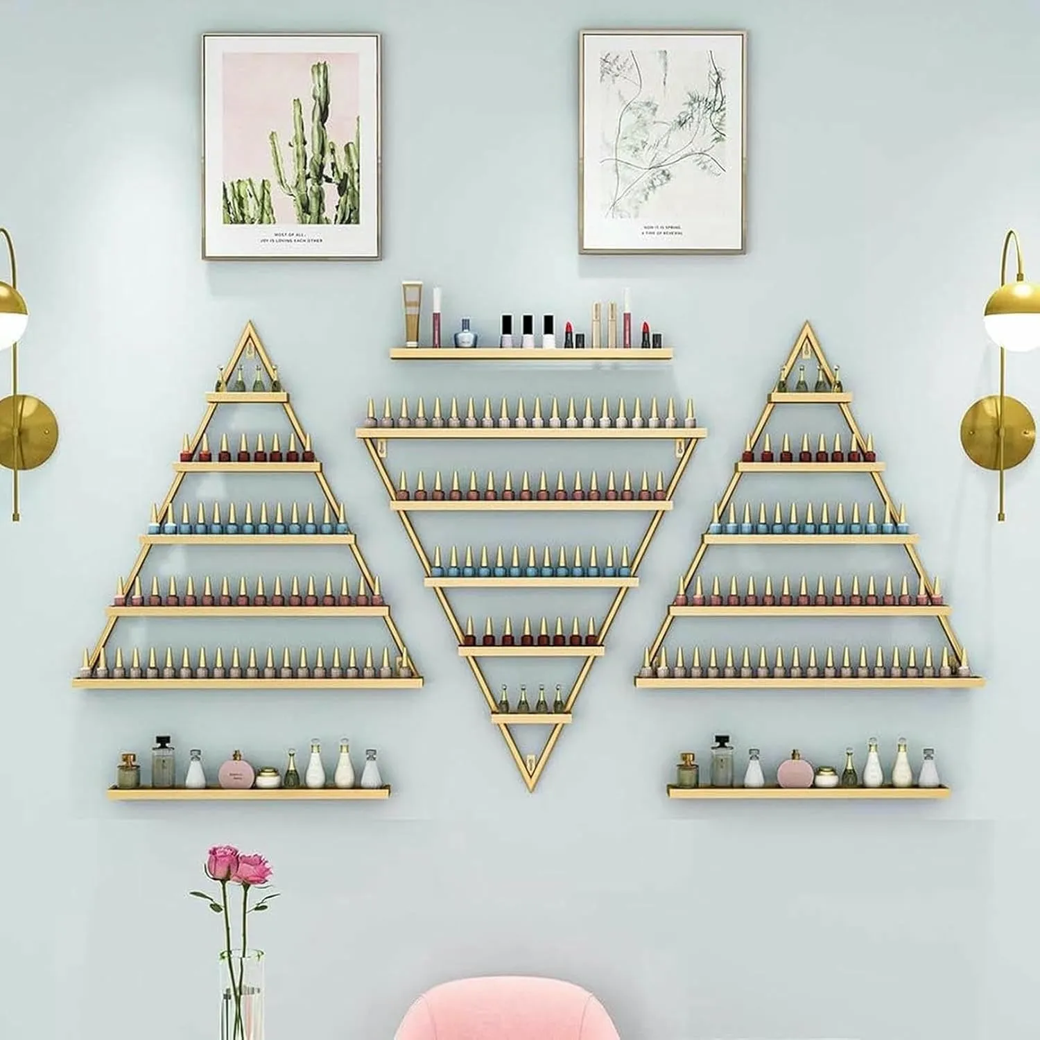 Wall Mounted Nail Polish Storage Racks 5 Layer Organizer for Nail Polish Bottles Perfumes and Lipsticks(Gold)