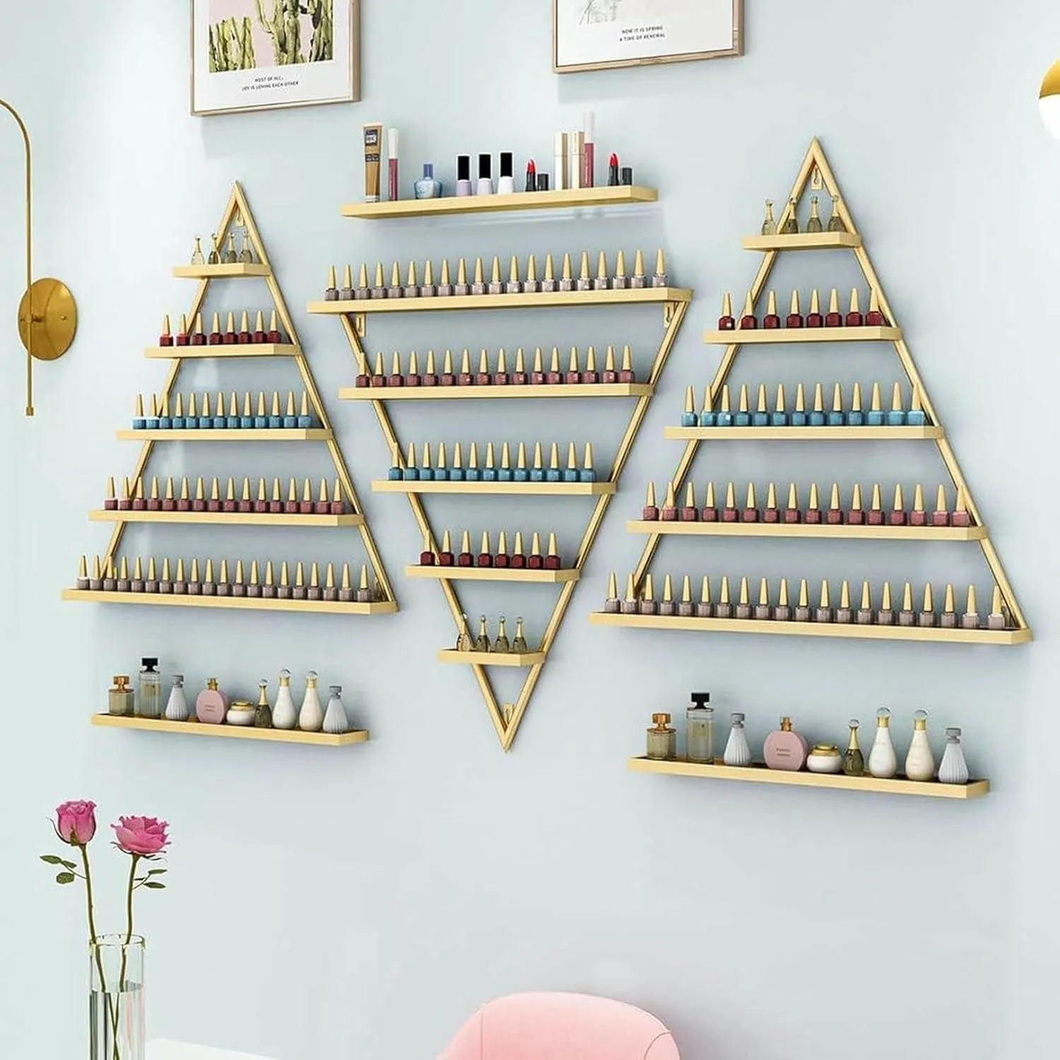 Wall Mounted Nail Polish Storage Racks 5 Layer Organizer for Nail Polish Bottles Perfumes and Lipsticks(Gold)