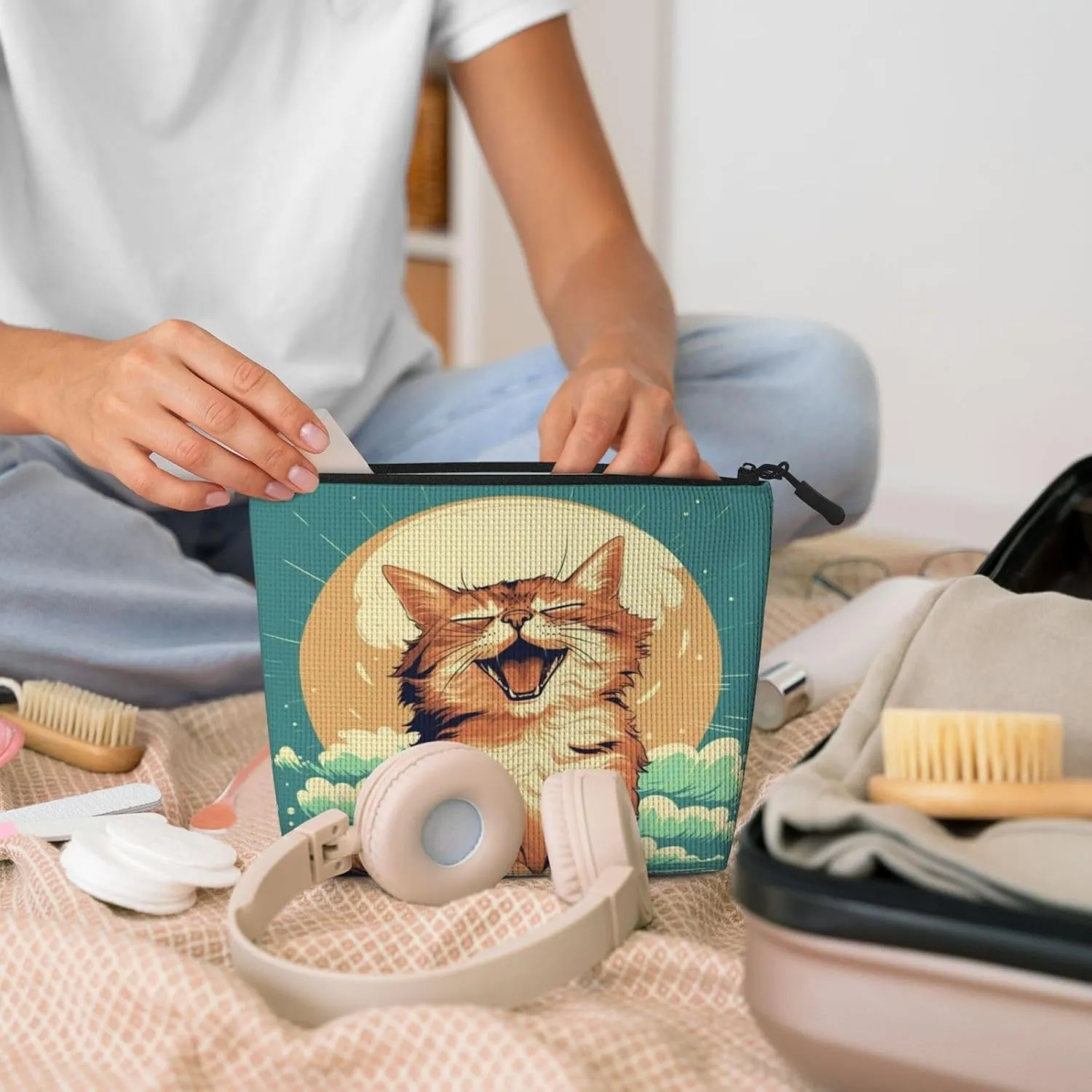 Wave Cat Series Makeup Bag Birthday Gift Mother'S Day Gifts Are The Internal Capacity Is Large Light And Cute Suitable For Daily Life Travel Etc