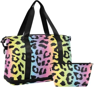 Weekender Bag for Women, Leopard Rainbow Colors Gym Bag Sports Duffle Bag Travel Tote Bag with Toiletry Bag Shoes Compartment Dry/Wet Separation Swim Bag
