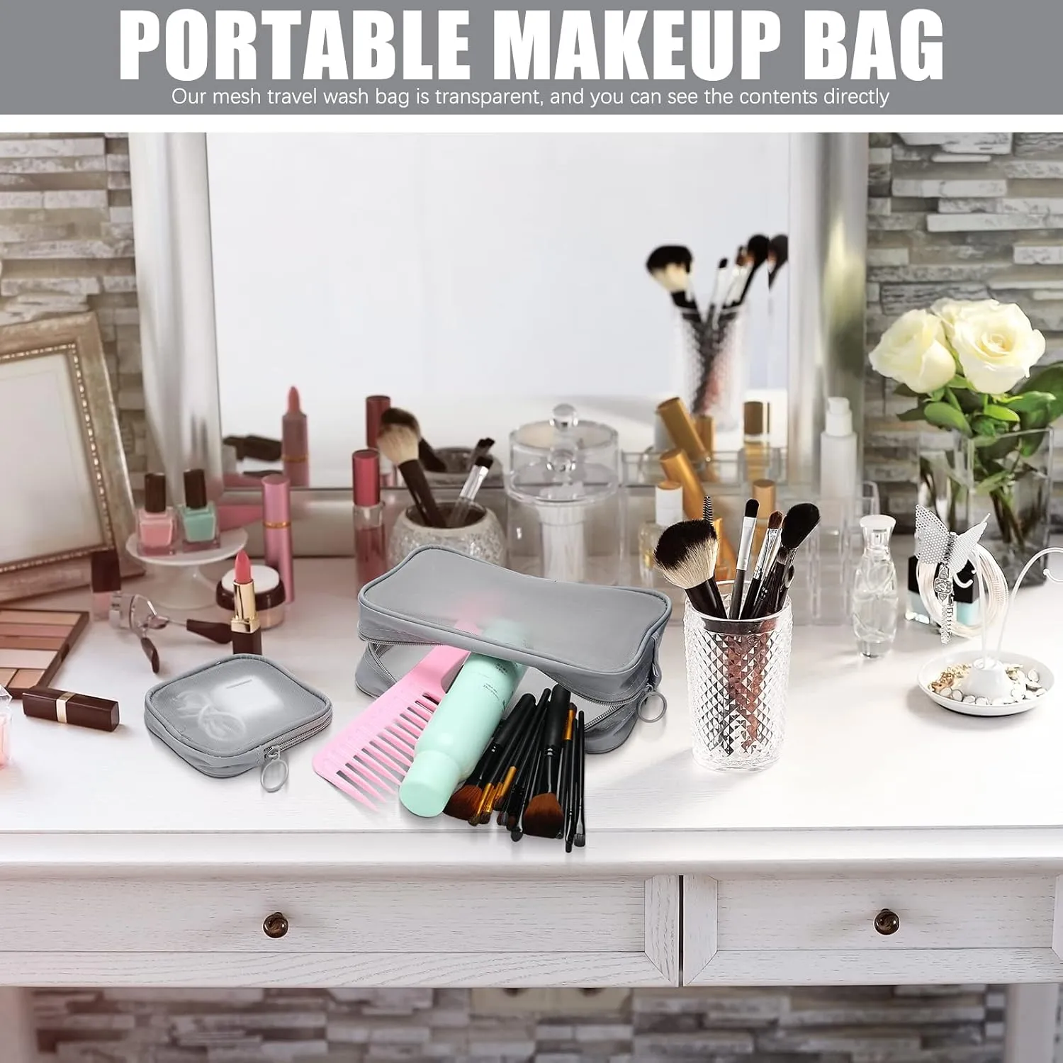 Weewooday 4 Pcs Mesh Makeup Bag Mesh Cosmetic Bag Travel Toiletry Pouch with Zipper Mini Makeup Cosmetic Purse for Daily Accessory(Small, Large, Medium,Gray)