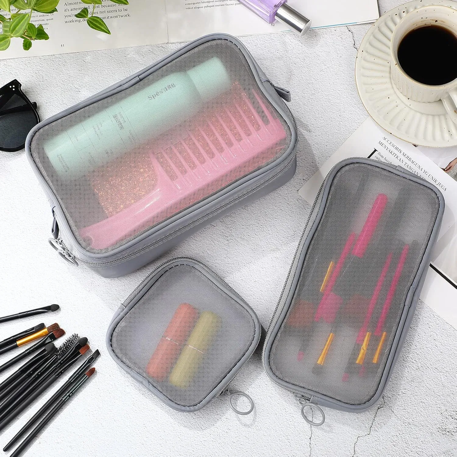 Weewooday 4 Pcs Mesh Makeup Bag Mesh Cosmetic Bag Travel Toiletry Pouch with Zipper Mini Makeup Cosmetic Purse for Daily Accessory(Small, Large, Medium,Gray)
