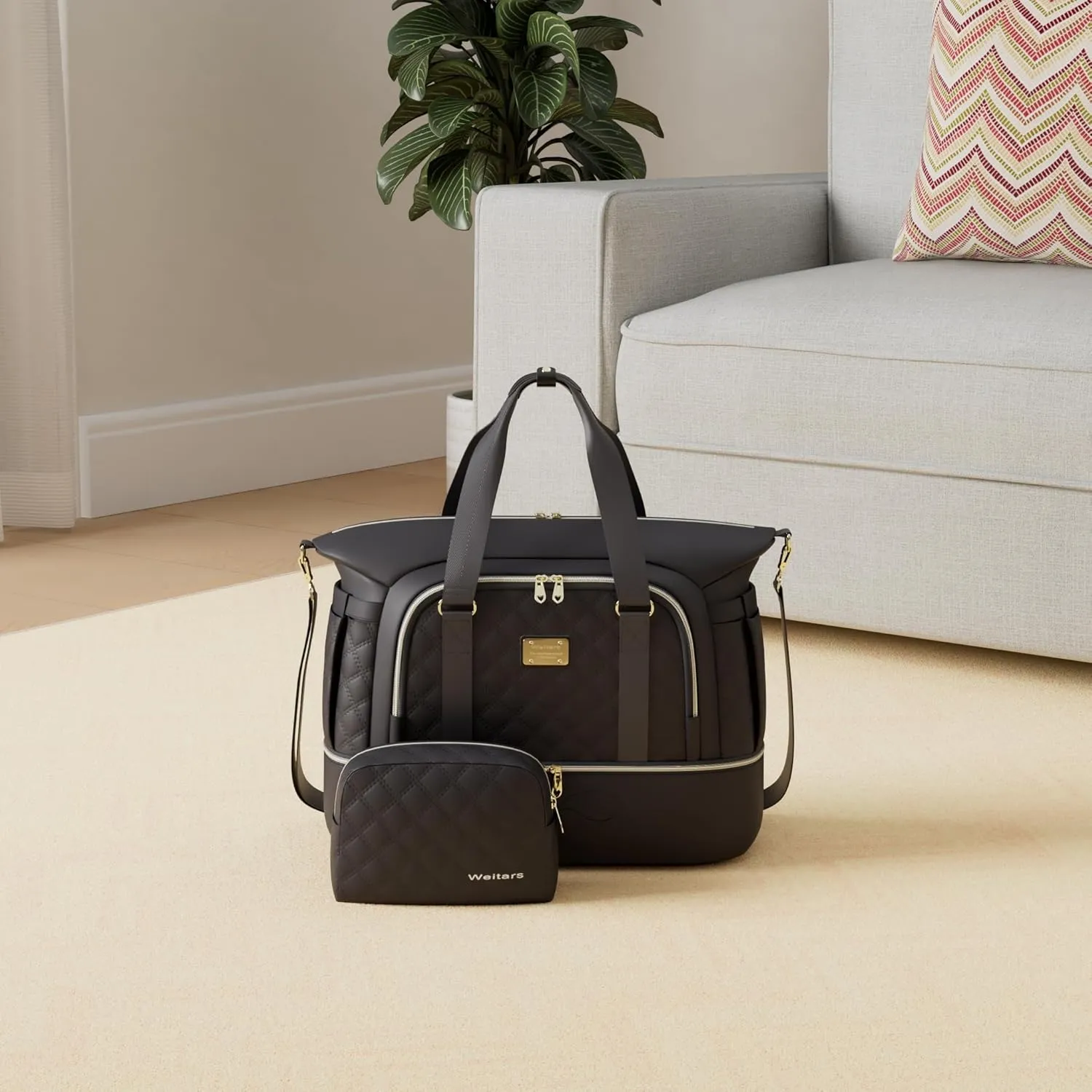 Weitars Women's Gym Duffel Bag - Travel Weekender with Shoes Compartment & Wet Pocket, Large Carry-On Overnight Bag (Black)