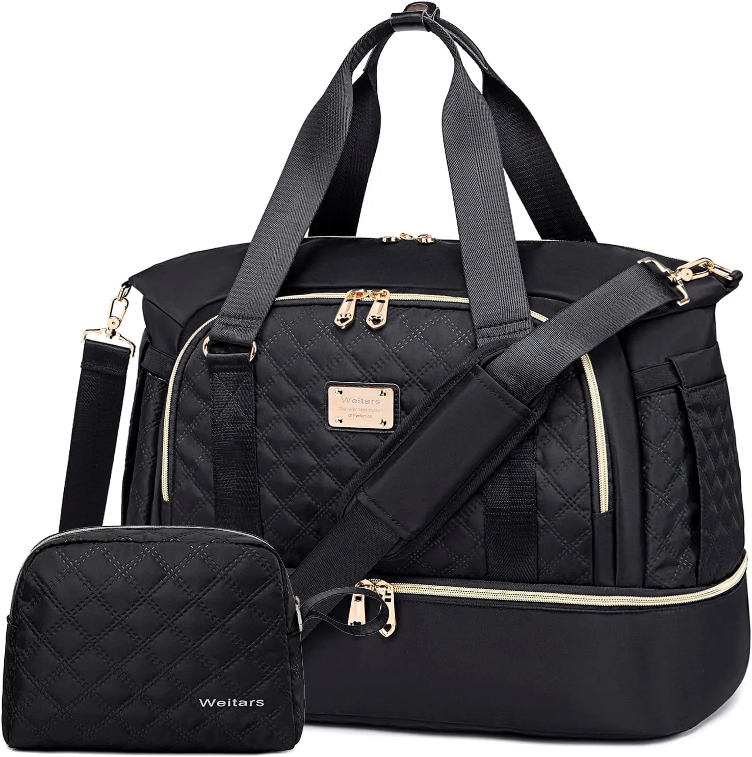 Weitars Women's Gym Duffel Bag - Travel Weekender with Shoes Compartment & Wet Pocket, Large Carry-On Overnight Bag (Black)