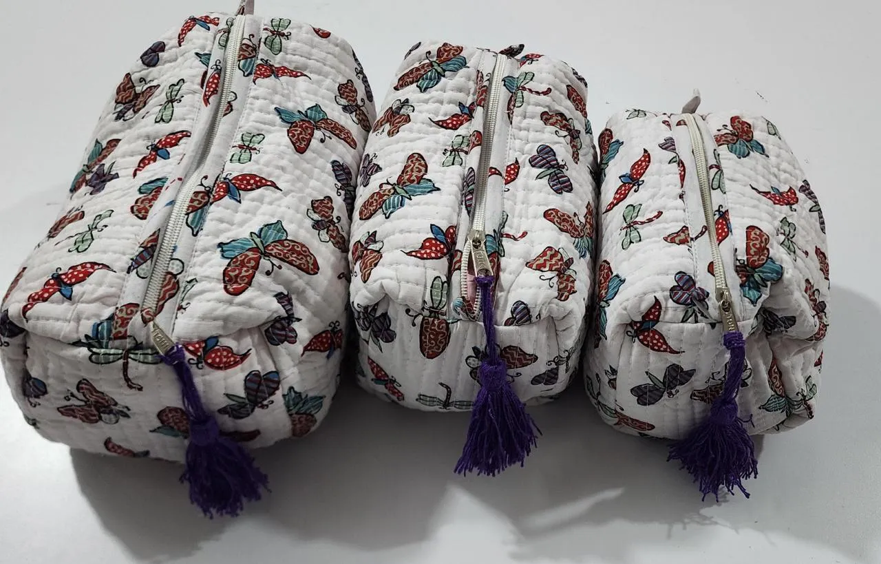 White Butterfly Print Pouch Set