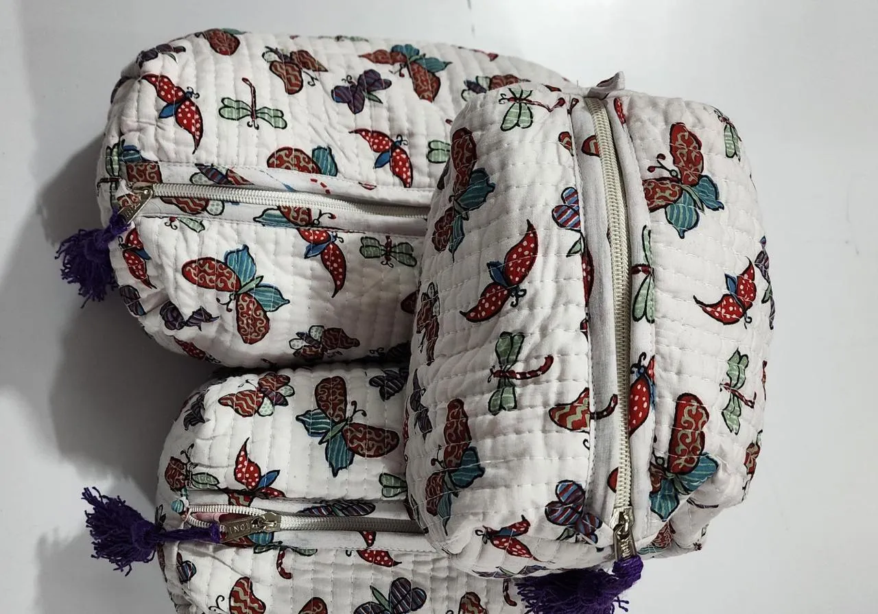 White Butterfly Print Pouch Set