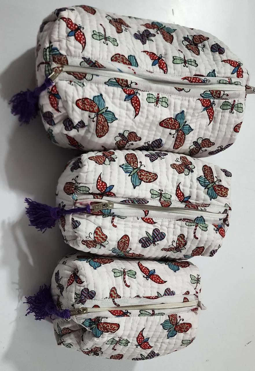 White Butterfly Print Pouch Set
