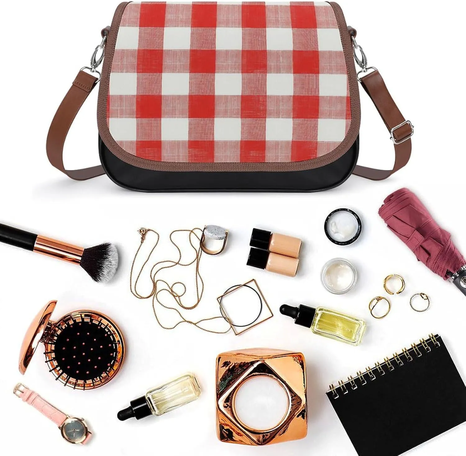 White Red Checked Pattern Crossbody Bag Leather Crossbody Bag