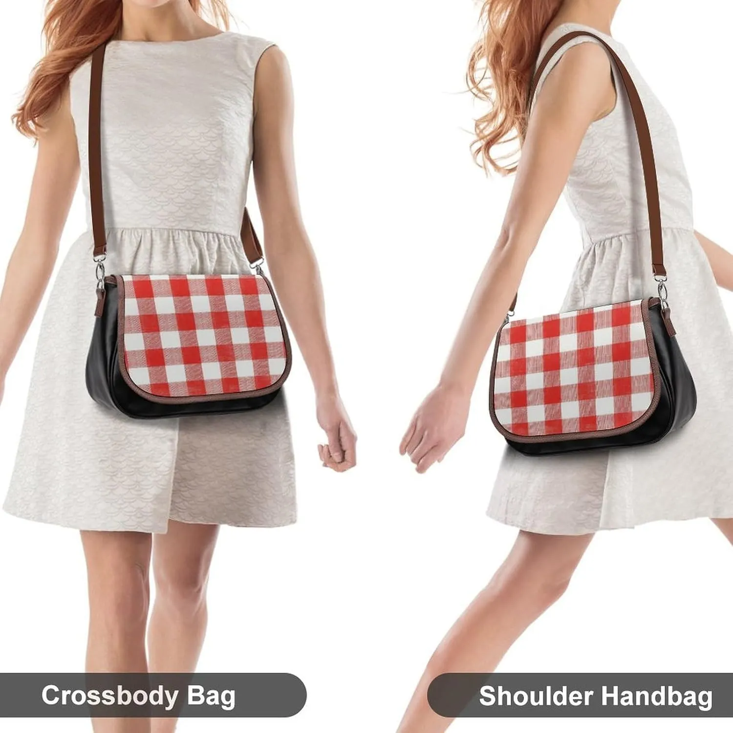 White Red Checked Pattern Crossbody Bag Leather Crossbody Bag