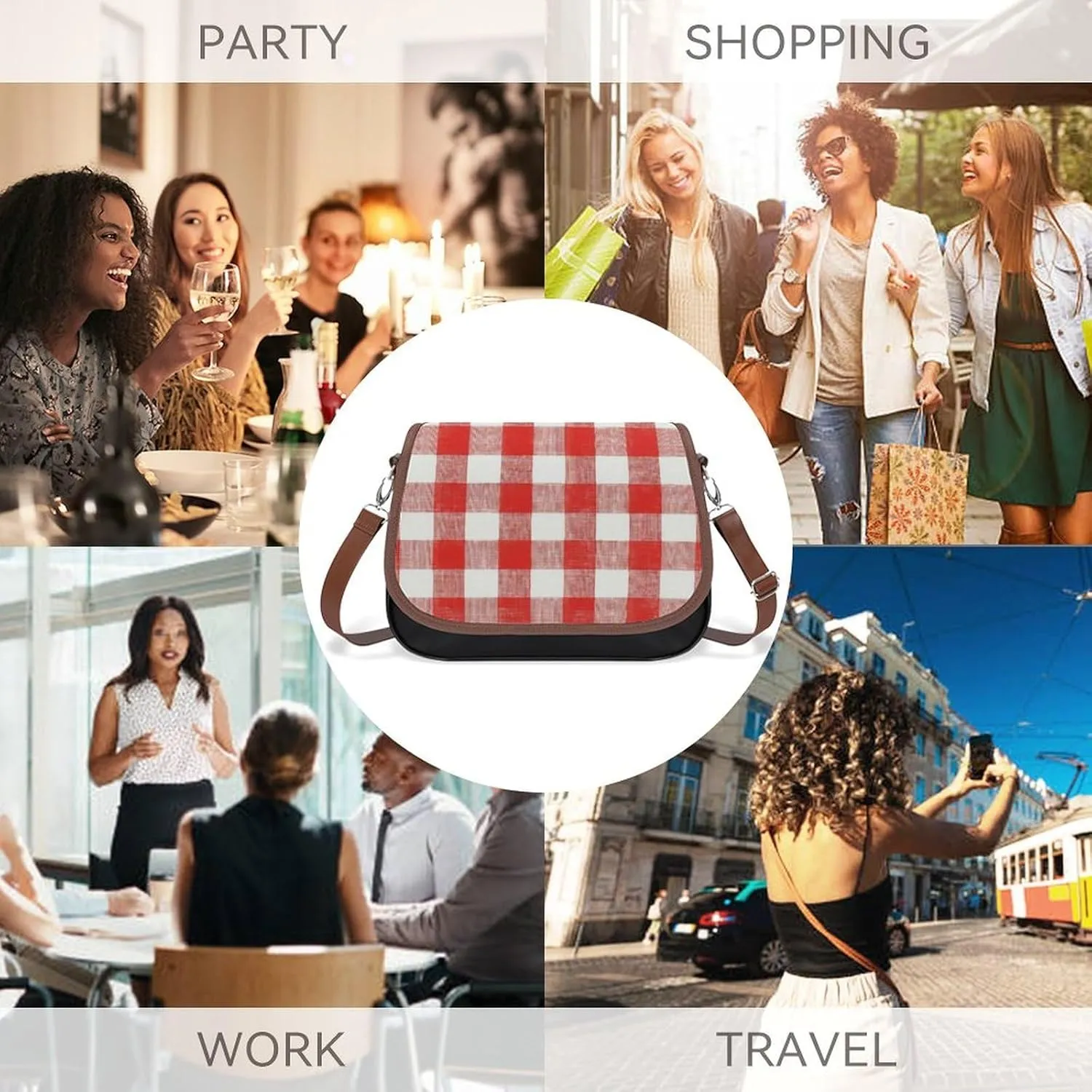 White Red Checked Pattern Crossbody Bag Leather Crossbody Bag