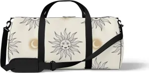 White Vintage Boho Cute Mystical Sun and Moon Sports Bag Tote Bag Waterproof Gym Bag with Shoulder Strap Zipper 2 Side Pockets for Men and Women, Travel and Storage Shoulder Bag.