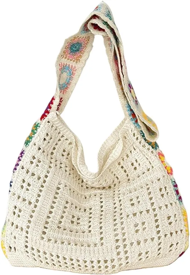 Women Knitted Shoulder Bag Crochet Tote Bag Large Capacity Fashionable Handbag Weaving Crossbody Purse Summer Beach