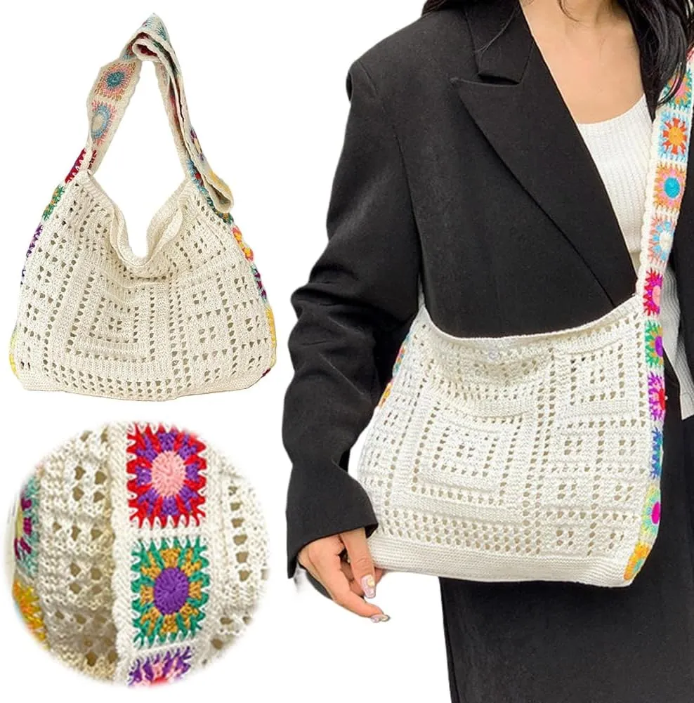 Women Knitted Shoulder Bag Crochet Tote Bag Large Capacity Fashionable Handbag Weaving Crossbody Purse Summer Beach