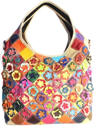 Women Multicolor Floral Shoulder Bag Cowhide Leather Handbag Vintage Totes Purse