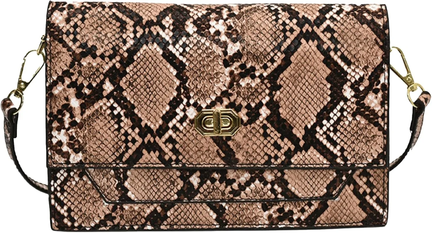 Women Snakeskin Purse Cross Body Bag Vintage Snake Print Pattern Lock Buckle PU Leather Small Shoulder Handbag Tote