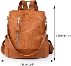 Women Zip Front PU Backpack Multi-purpose Shoulder Bag Vintage Backpack, Khaki, One Size