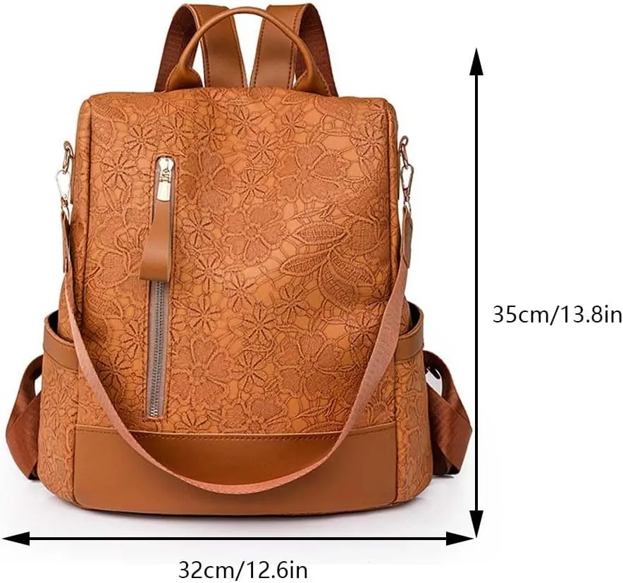 Women Zip Front PU Backpack Multi-purpose Shoulder Bag Vintage Backpack, Khaki, One Size