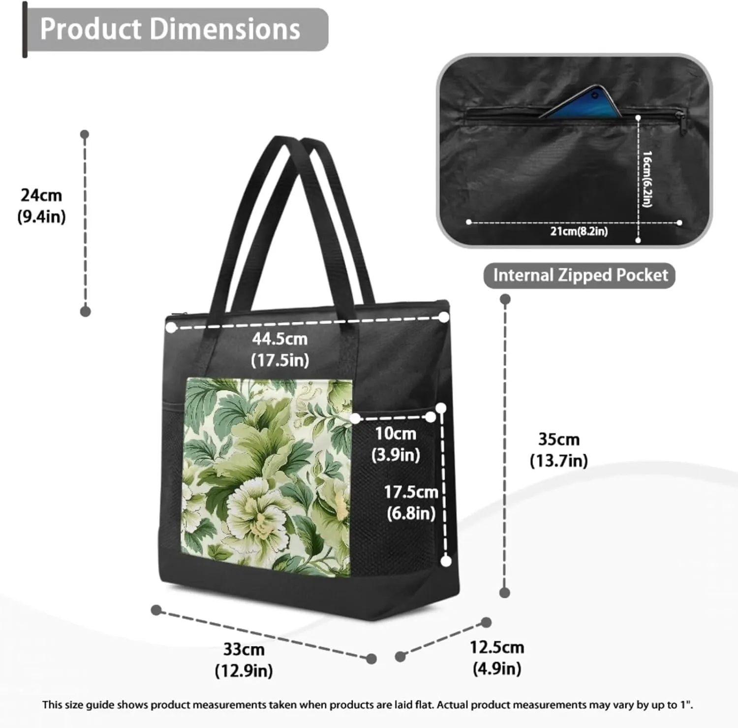 Womens Canvas Tote Bag and Cosmetic Bag 2 Piece Set Flower Print Multi Purpose Tote with External Pocket Top Zipper