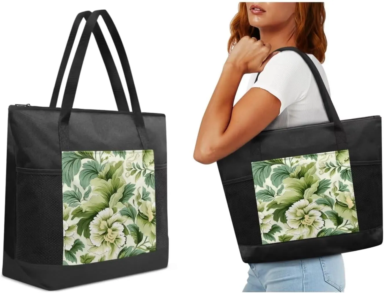 Womens Canvas Tote Bag and Cosmetic Bag 2 Piece Set Flower Print Multi Purpose Tote with External Pocket Top Zipper