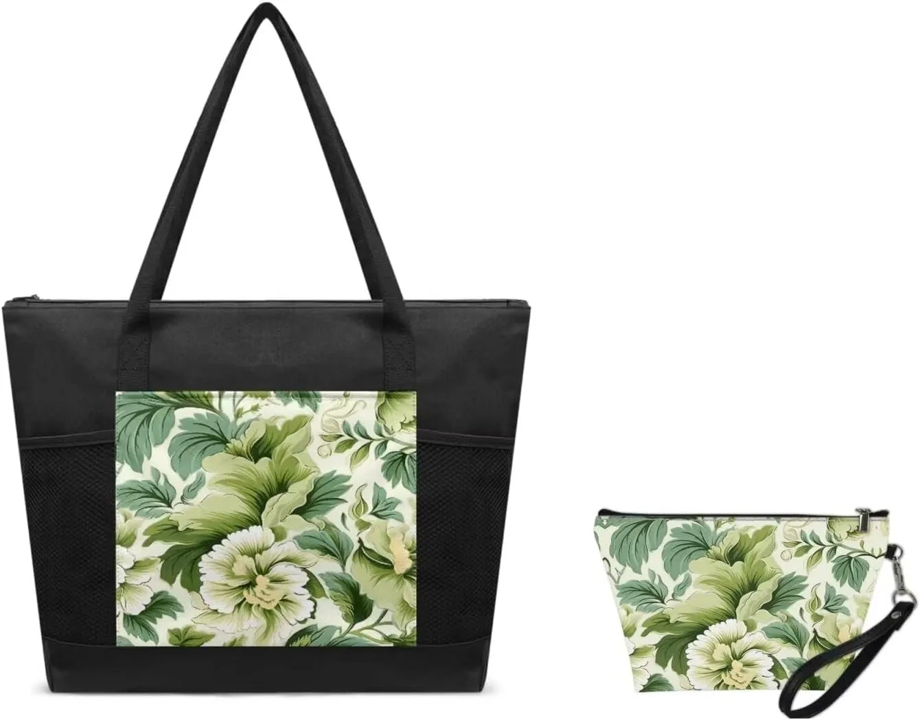 Womens Canvas Tote Bag and Cosmetic Bag 2 Piece Set Flower Print Multi Purpose Tote with External Pocket Top Zipper