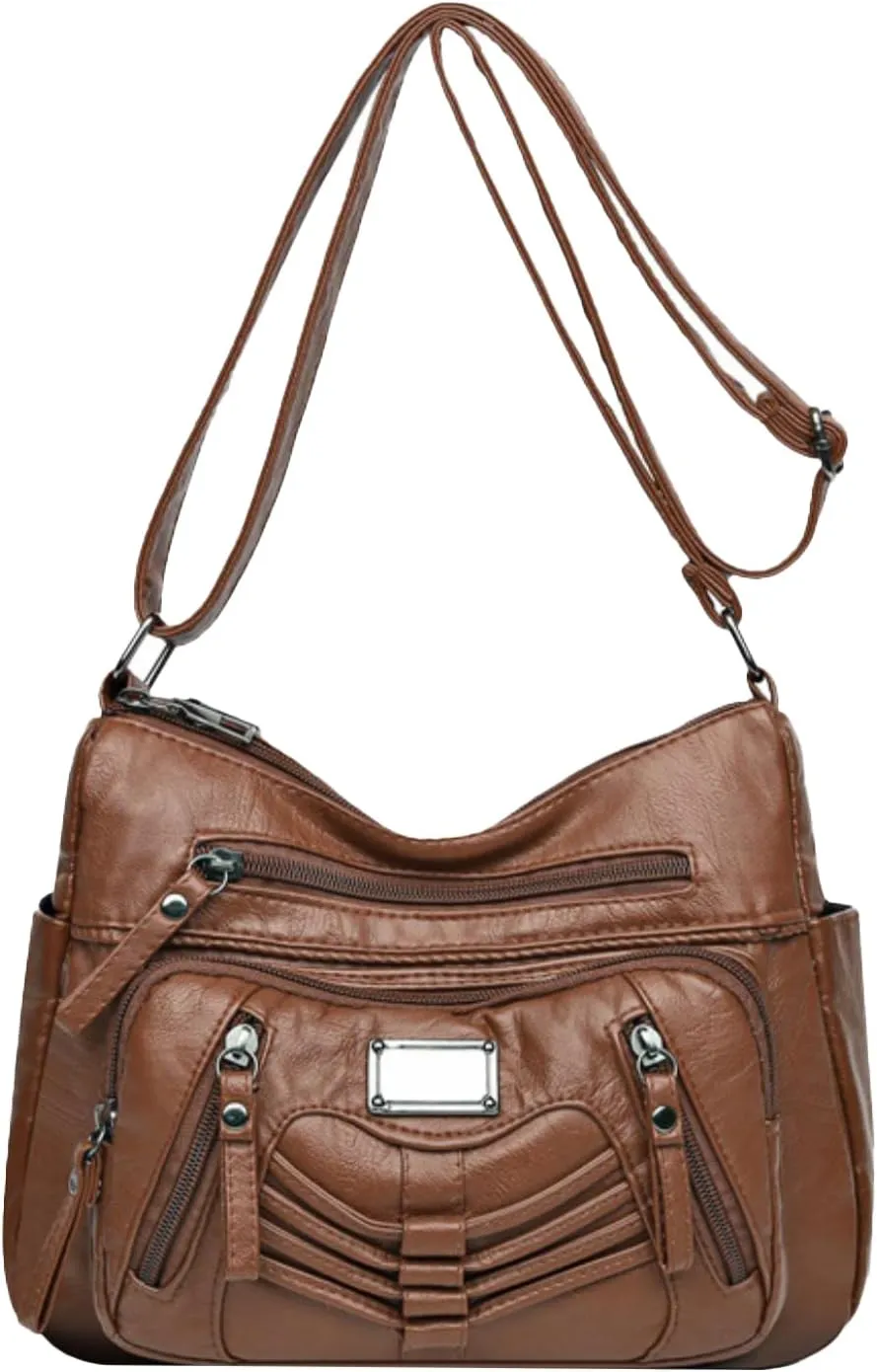 Womens Crossbody Bag Soft Leather Handbags Multi Pocket Satchel Waterproof Hobo Shoulder Bag Messenger Bag
