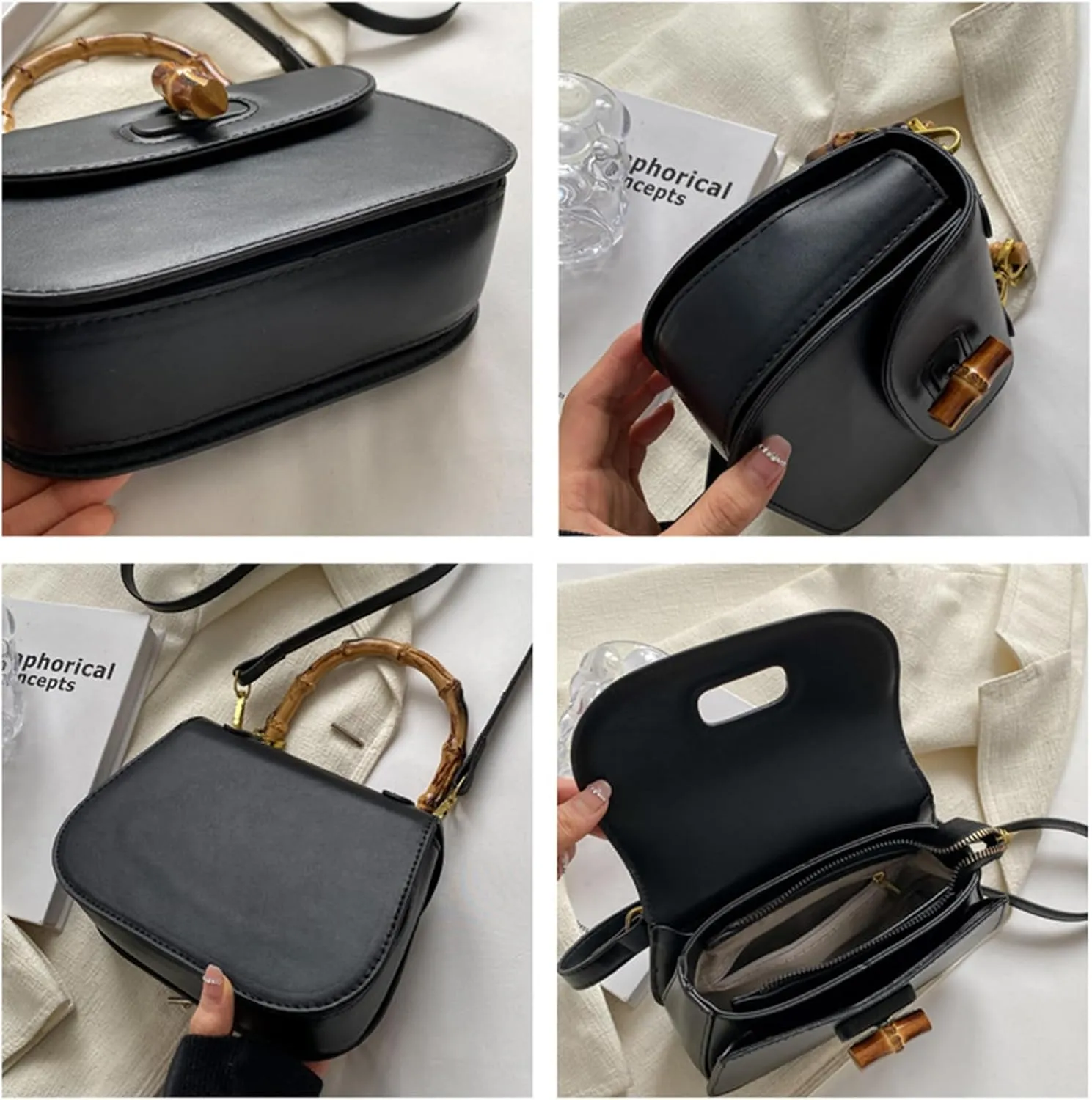 Women'S Leather Tote Handbags,Bamboo Shaped Top Handle Satchel Crossbody Bag Vintage Shoulder Bag