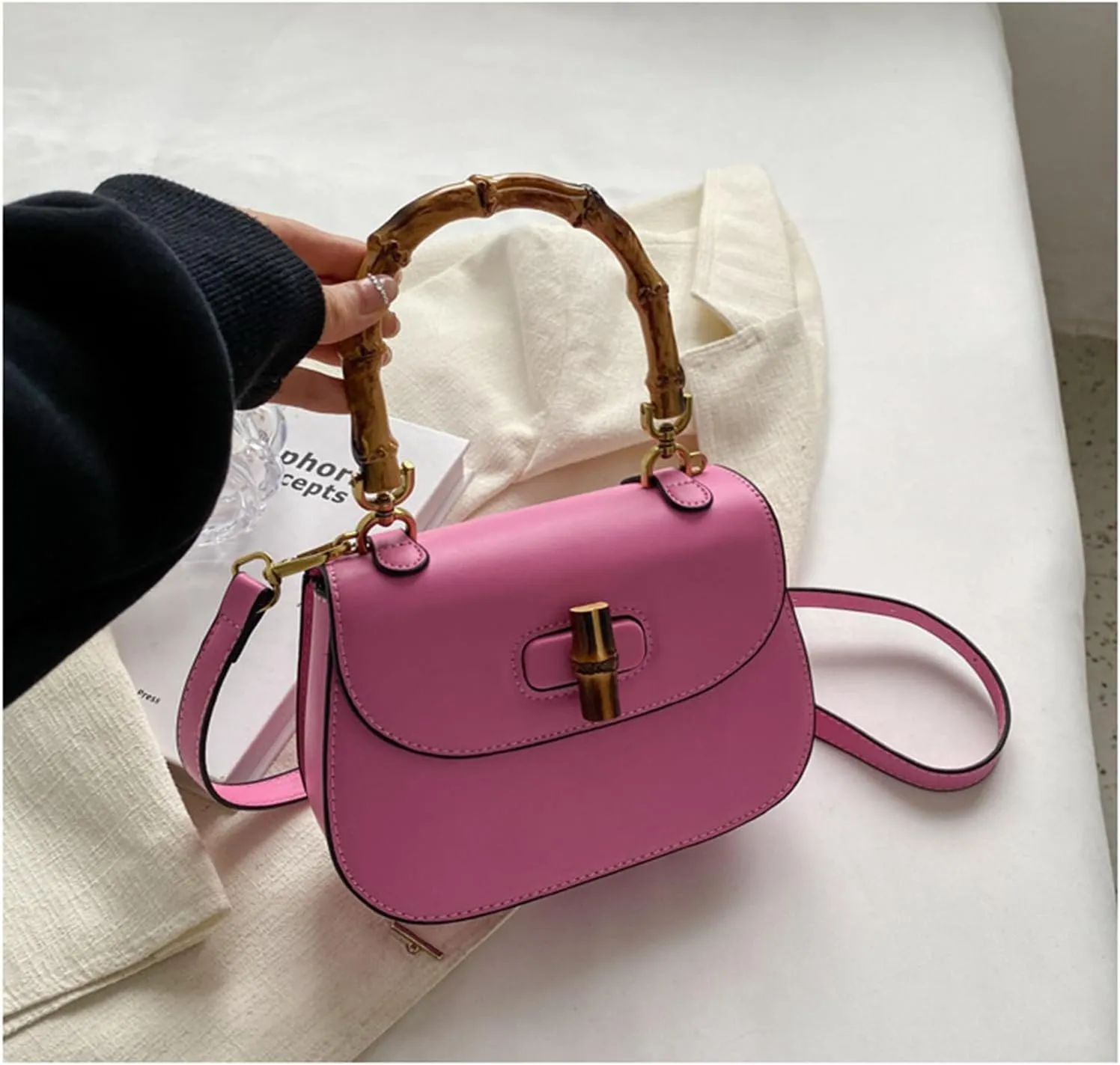 Women'S Leather Tote Handbags,Bamboo Shaped Top Handle Satchel Crossbody Bag Vintage Shoulder Bag